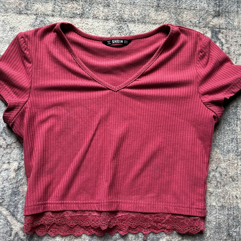 SHEIN Pink Ribbed Crop Top Short Sleeve